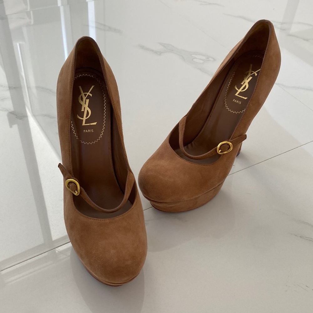 YSL Yves Saint Laurent Brown Suede Tribtoo Mary Jane Platform Heels Size 38